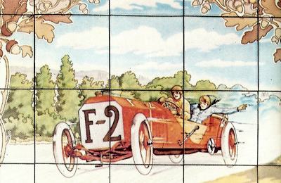 Tile drawing depicting the winner of the 1907 race, Felice Nazzaro, in a Fiat