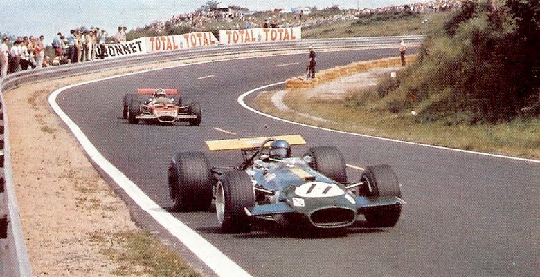 Jochen Rindt's Lotus chases Jacky Ickx's Brabham for second place in the 1969 French Grand Prix